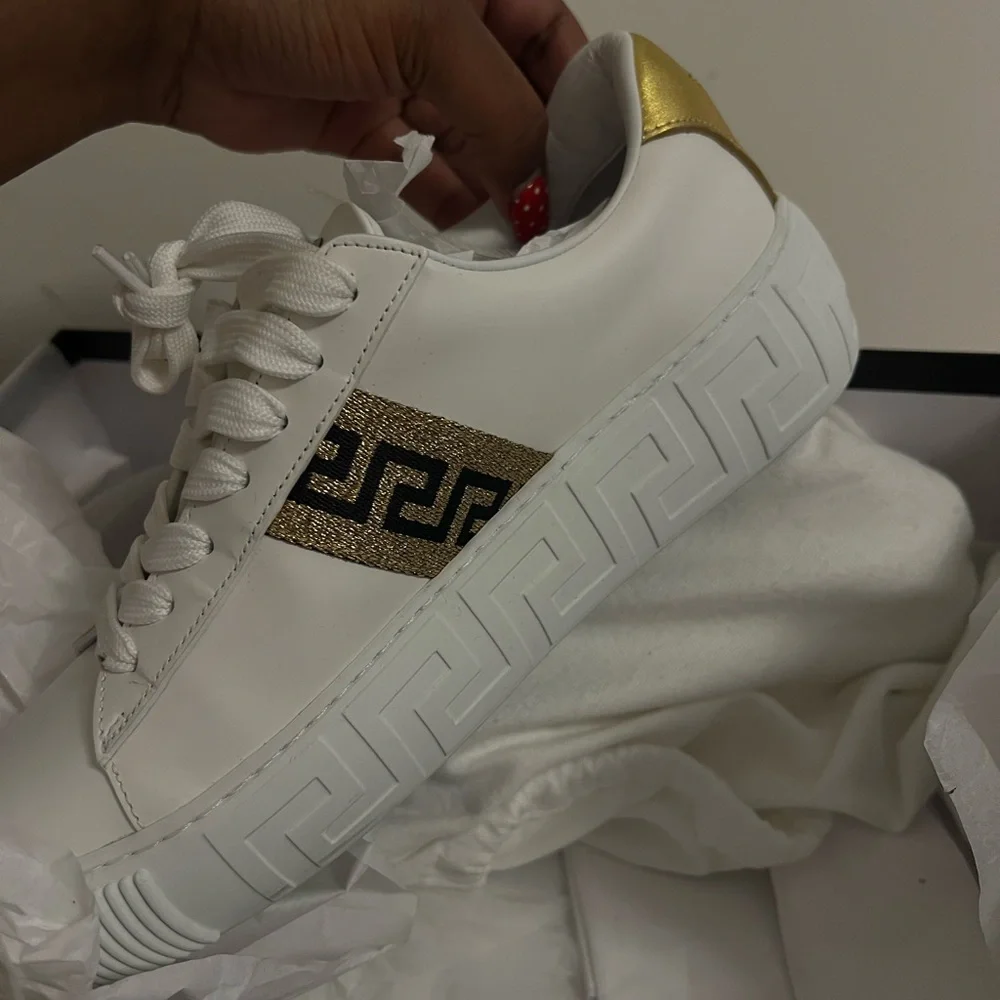 Versace White Sneakers with Gold and Black Detail
